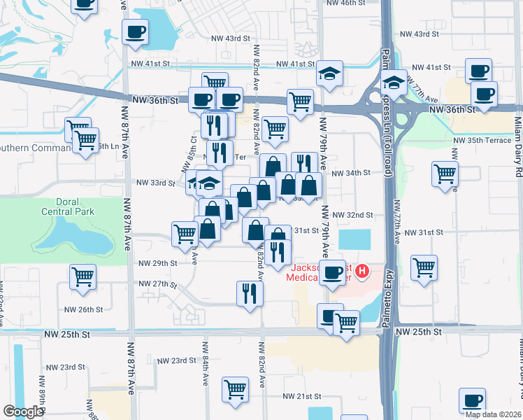 map of restaurants, bars, coffee shops, grocery stores, and more near 8200 Northwest 33rd Street in Miami