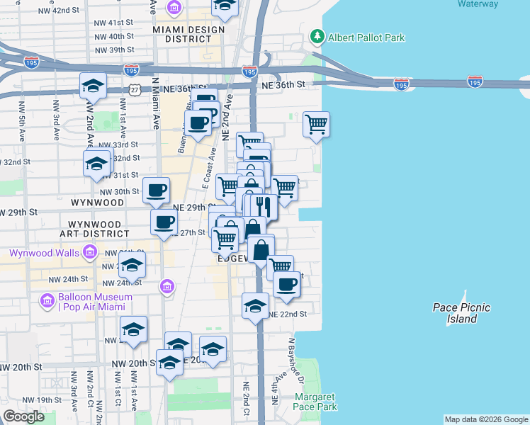 map of restaurants, bars, coffee shops, grocery stores, and more near 333 Northeast 27th Street in Miami
