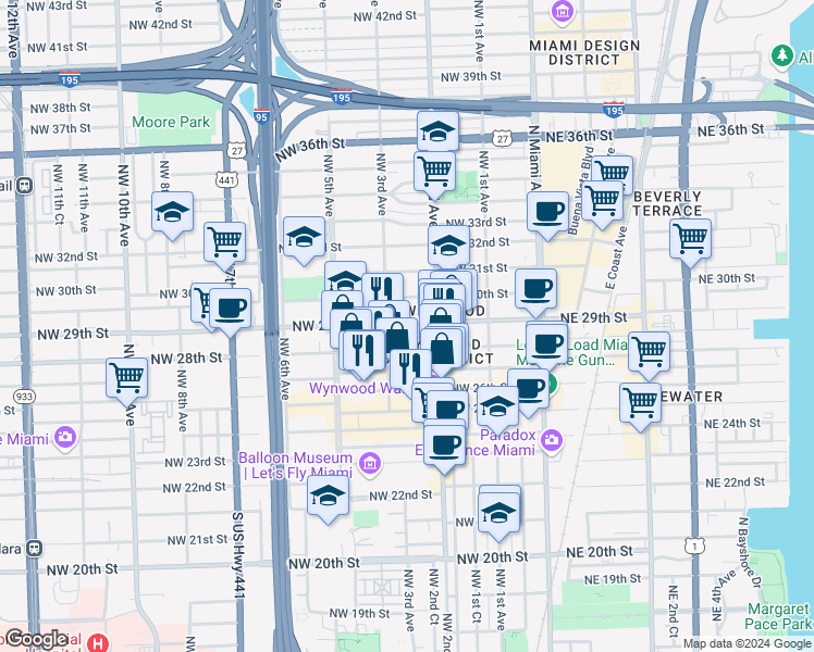 map of restaurants, bars, coffee shops, grocery stores, and more near 269 Northwest 27th Street in Miami