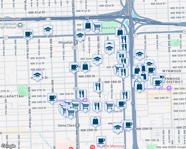 map of restaurants, bars, coffee shops, grocery stores, and more near 1054 Northwest 29th Street in Miami