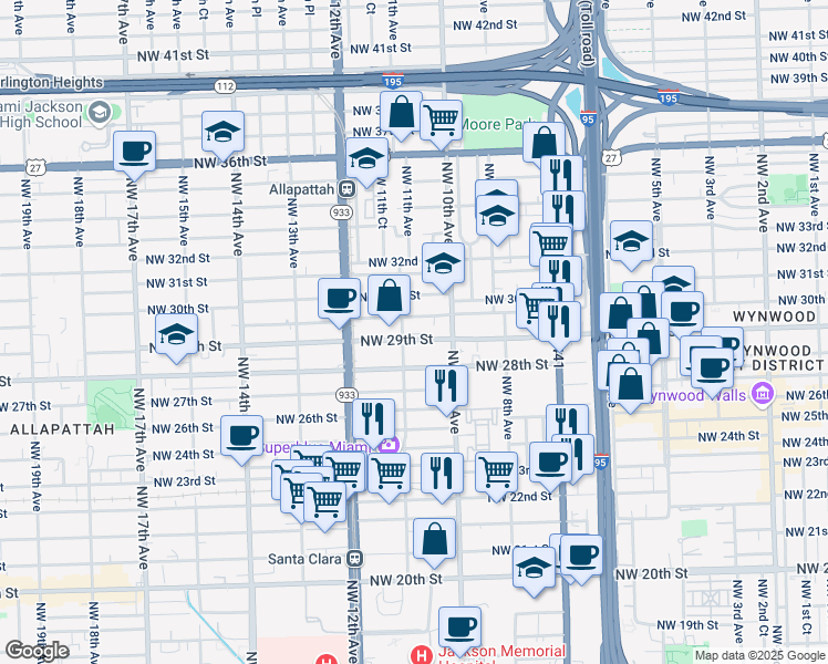 map of restaurants, bars, coffee shops, grocery stores, and more near 1054 Northwest 29th Street in Miami