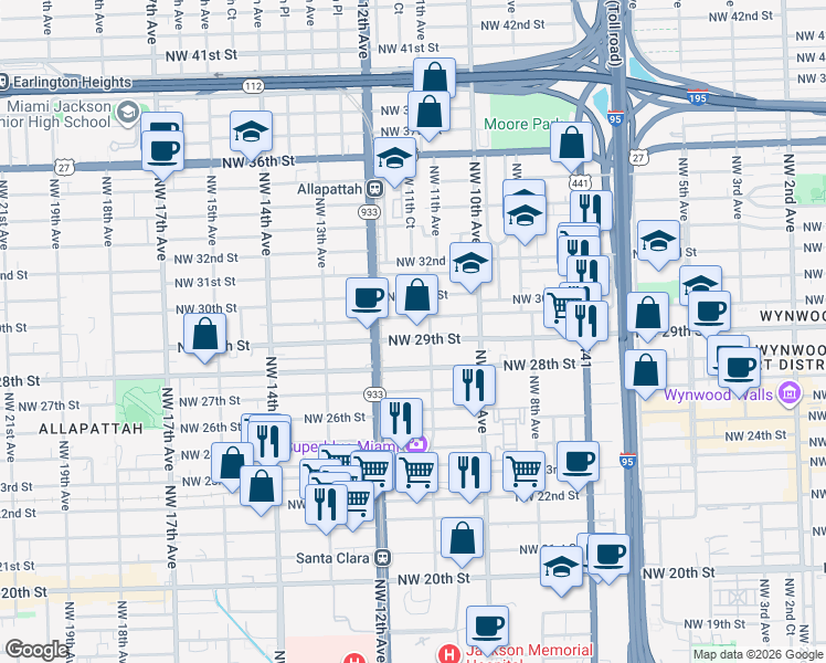 map of restaurants, bars, coffee shops, grocery stores, and more near 1128 Northwest 29th Street in Miami
