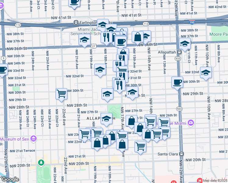 map of restaurants, bars, coffee shops, grocery stores, and more near 1740 Northwest 29th Street in Miami