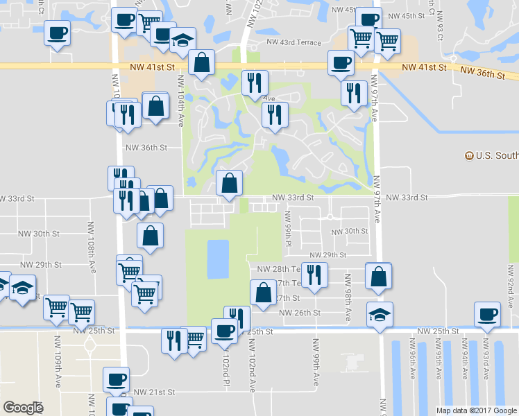 map of restaurants, bars, coffee shops, grocery stores, and more near 3132 Northwest 101st Place in Doral
