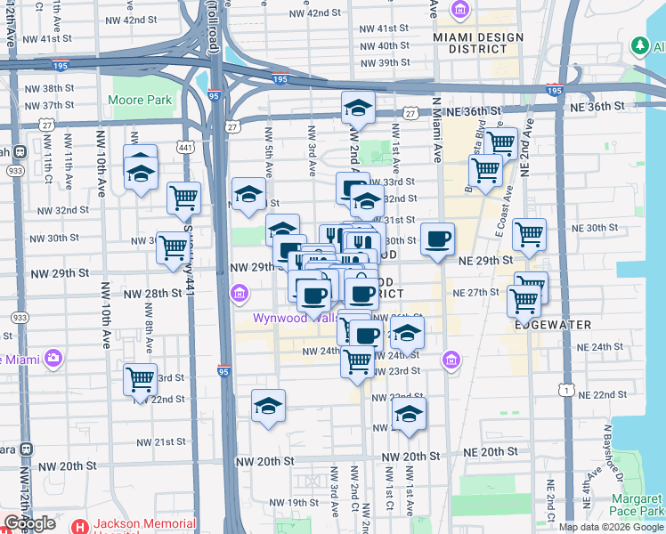 map of restaurants, bars, coffee shops, grocery stores, and more near 268 Northwest 29th Street in Miami