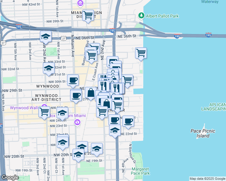 map of restaurants, bars, coffee shops, grocery stores, and more near 251 Northeast 27th Street in Miami
