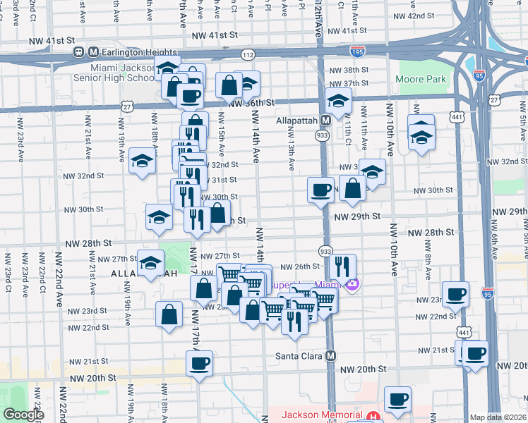 map of restaurants, bars, coffee shops, grocery stores, and more near 1390 Northwest 29th Terrace in Miami