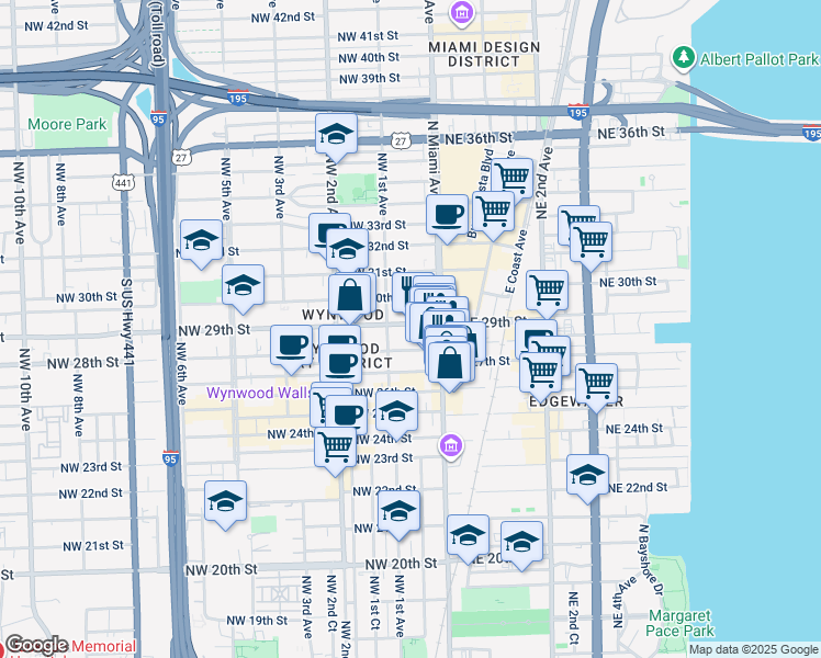 map of restaurants, bars, coffee shops, grocery stores, and more near 90 Northwest 29th Street in Miami