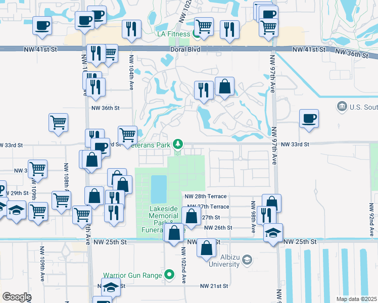 map of restaurants, bars, coffee shops, grocery stores, and more near 3132 Northwest 101st Place in Doral