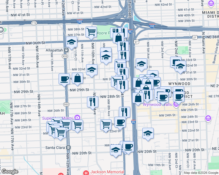 map of restaurants, bars, coffee shops, grocery stores, and more near 797 Northwest 29th Terrace in Miami