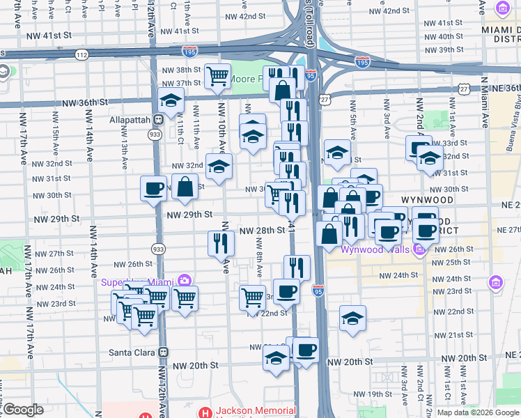 map of restaurants, bars, coffee shops, grocery stores, and more near 797 Northwest 29th Terrace in Miami