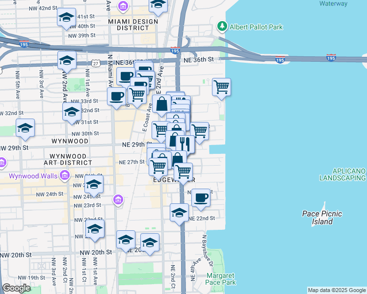 map of restaurants, bars, coffee shops, grocery stores, and more near 401 Northeast 29th Street in Miami