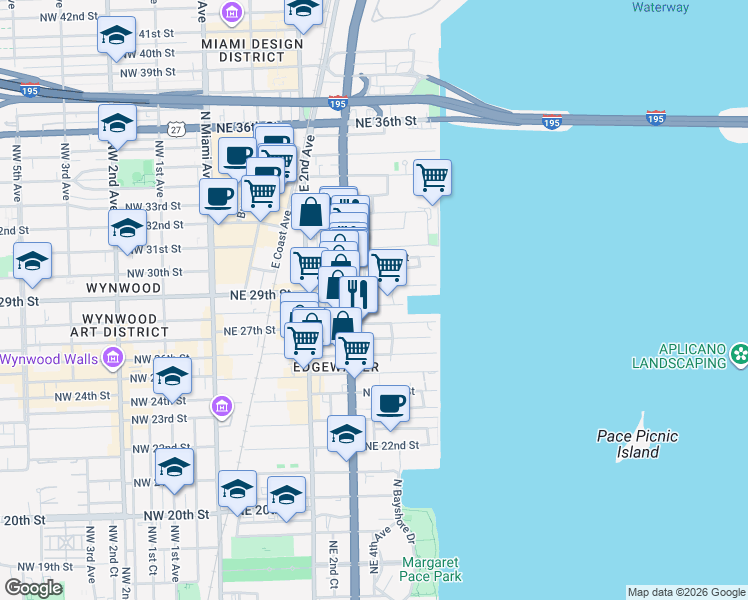 map of restaurants, bars, coffee shops, grocery stores, and more near 401 Northeast 29th Street in Miami