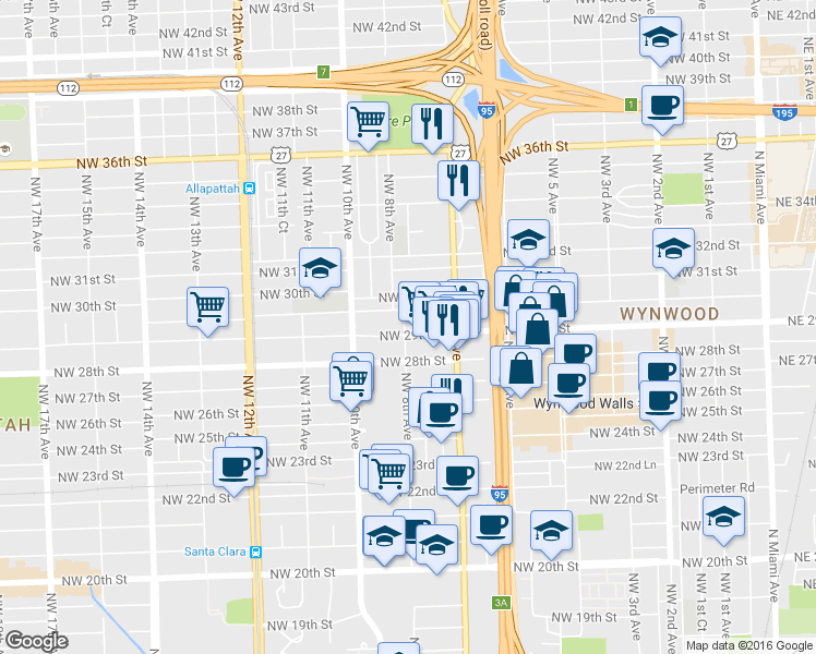map of restaurants, bars, coffee shops, grocery stores, and more near 797 Northwest 29th Terrace in Miami