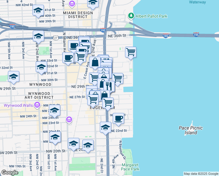 map of restaurants, bars, coffee shops, grocery stores, and more near 401 Northeast 29th Street in Miami