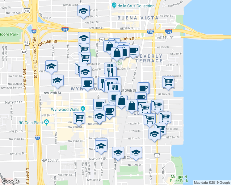 map of restaurants, bars, coffee shops, grocery stores, and more near 29 Northeast 29th Street in Miami