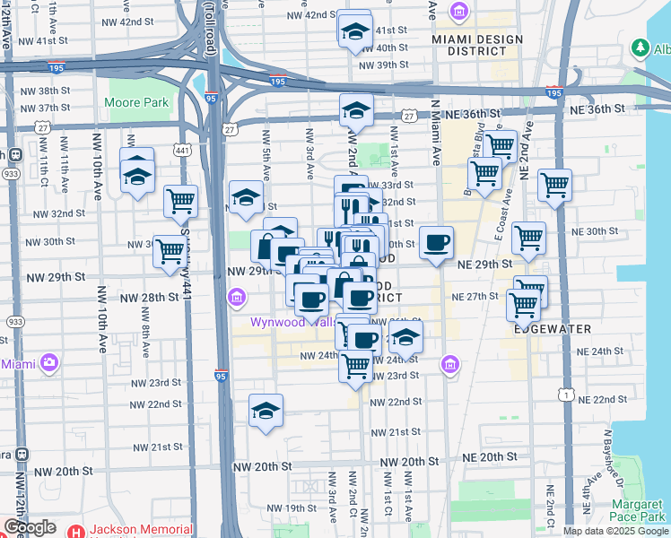 map of restaurants, bars, coffee shops, grocery stores, and more near 251 Northwest 29th Street in Miami