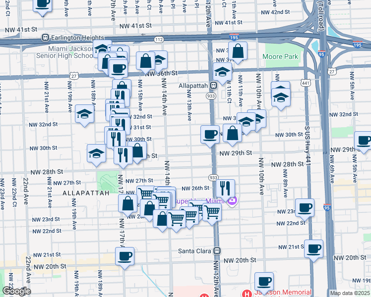 map of restaurants, bars, coffee shops, grocery stores, and more near 1352 Northwest 30th Street in Miami