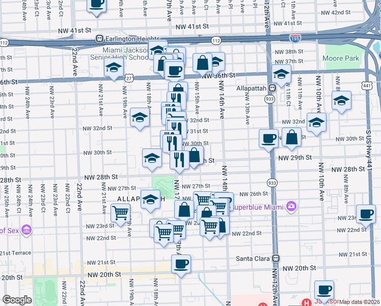 map of restaurants, bars, coffee shops, grocery stores, and more near 1561-1571 Northwest 30th Street in Miami