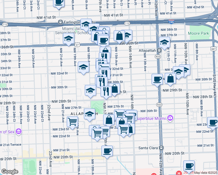 map of restaurants, bars, coffee shops, grocery stores, and more near 1561-1571 Northwest 30th Street in Miami