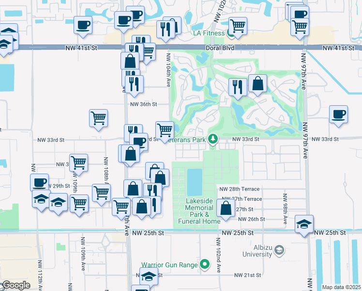 map of restaurants, bars, coffee shops, grocery stores, and more near 3326 Torremolinos Avenue in Doral