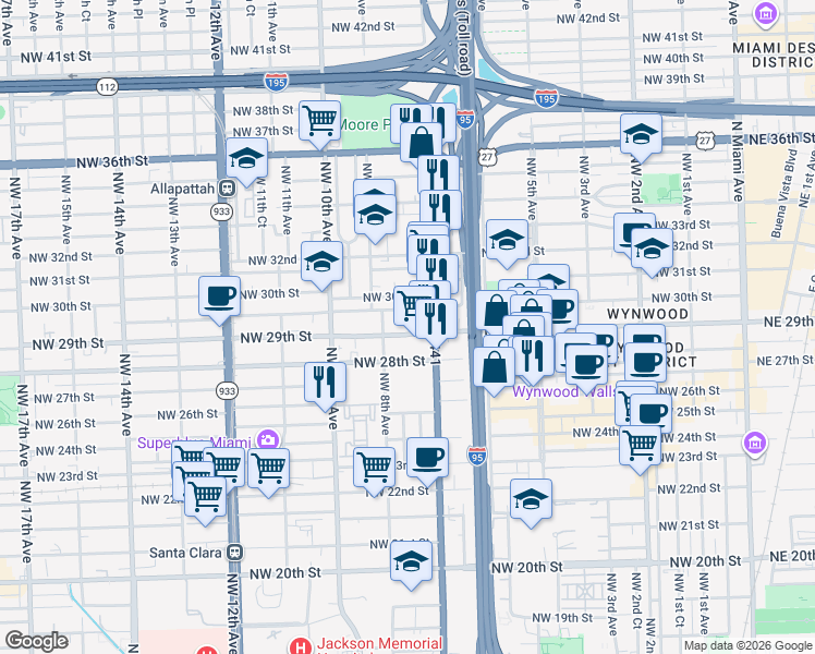 map of restaurants, bars, coffee shops, grocery stores, and more near 720 Northwest 30th Street in Miami