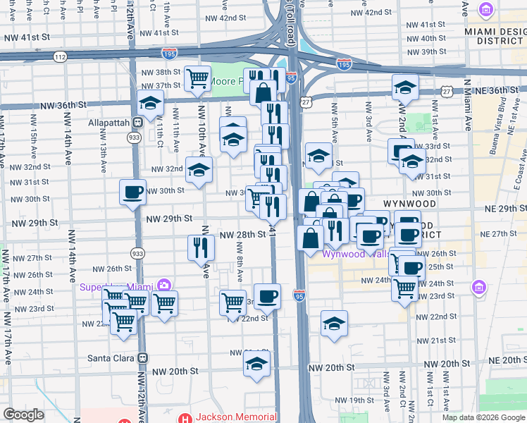map of restaurants, bars, coffee shops, grocery stores, and more near 720 Northwest 30th Street in Miami