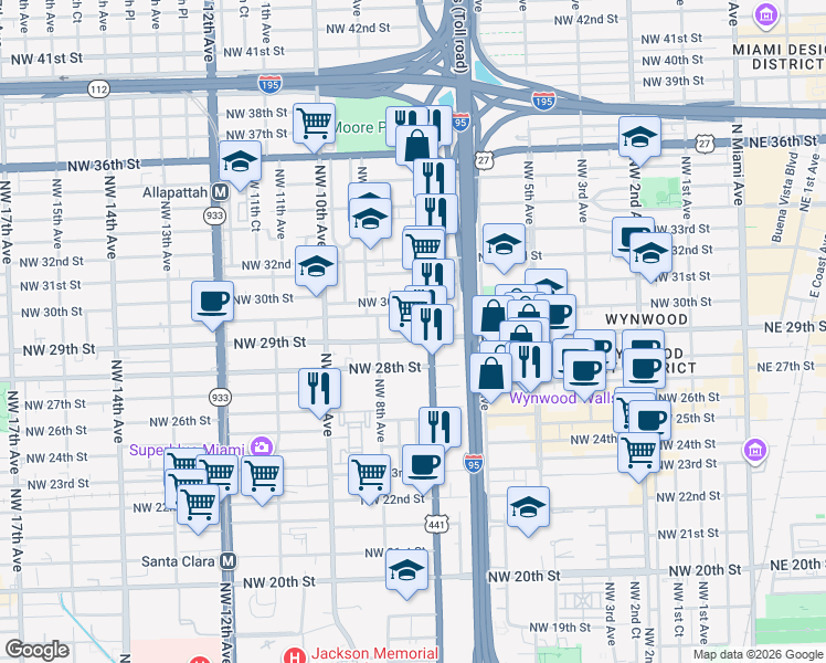 map of restaurants, bars, coffee shops, grocery stores, and more near 720 Northwest 30th Street in Miami
