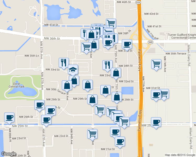 map of restaurants, bars, coffee shops, grocery stores, and more near 8111 Northwest 33rd Street in Doral