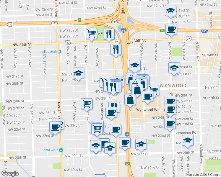 map of restaurants, bars, coffee shops, grocery stores, and more near 720 Northwest 30th Street in Miami