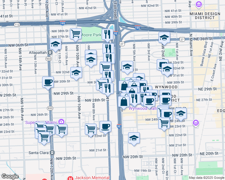 map of restaurants, bars, coffee shops, grocery stores, and more near 644 Northwest 30th Street in Miami
