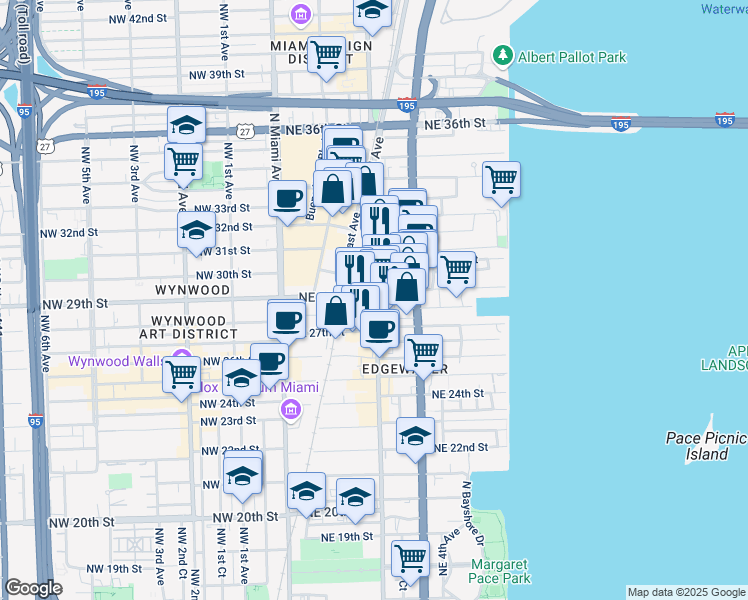 map of restaurants, bars, coffee shops, grocery stores, and more near 190 Northeast 29th Street in Miami