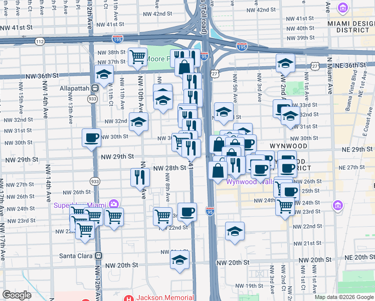 map of restaurants, bars, coffee shops, grocery stores, and more near 720 Northwest 30th Street in Miami