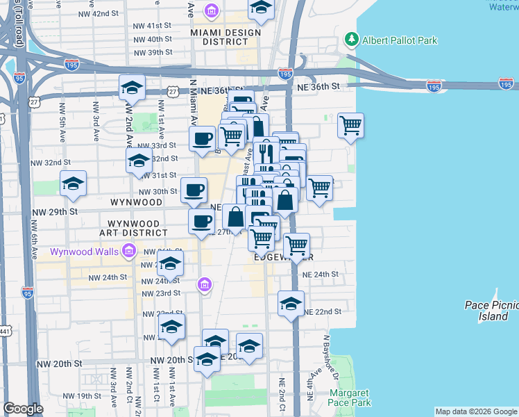 map of restaurants, bars, coffee shops, grocery stores, and more near 2920 Northeast 2nd Court in Miami