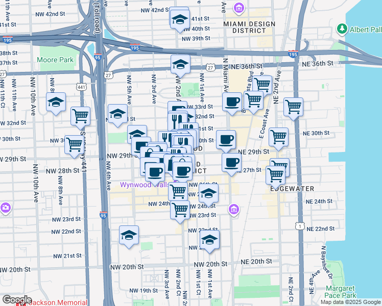 map of restaurants, bars, coffee shops, grocery stores, and more near in Miami