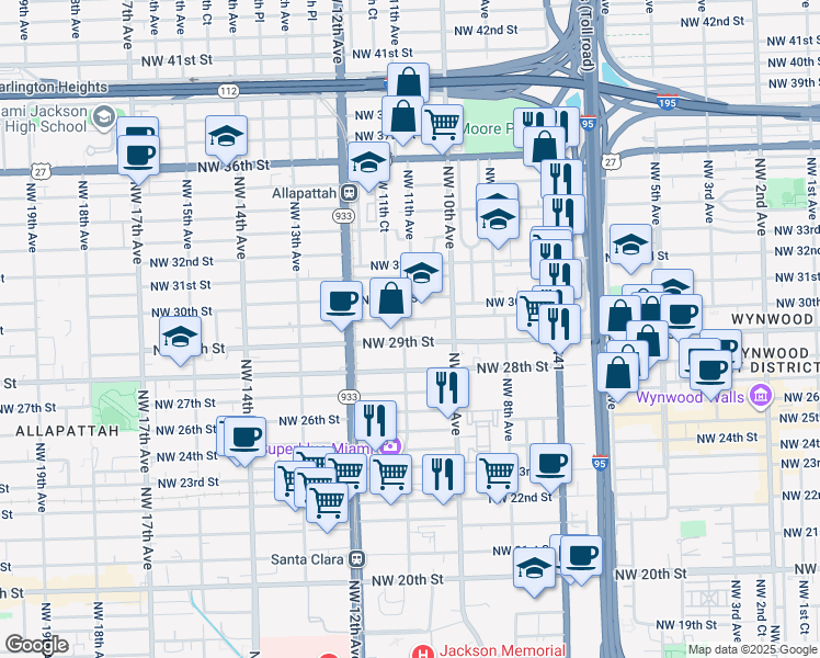 map of restaurants, bars, coffee shops, grocery stores, and more near 1051 Northwest 29th Terrace in Miami
