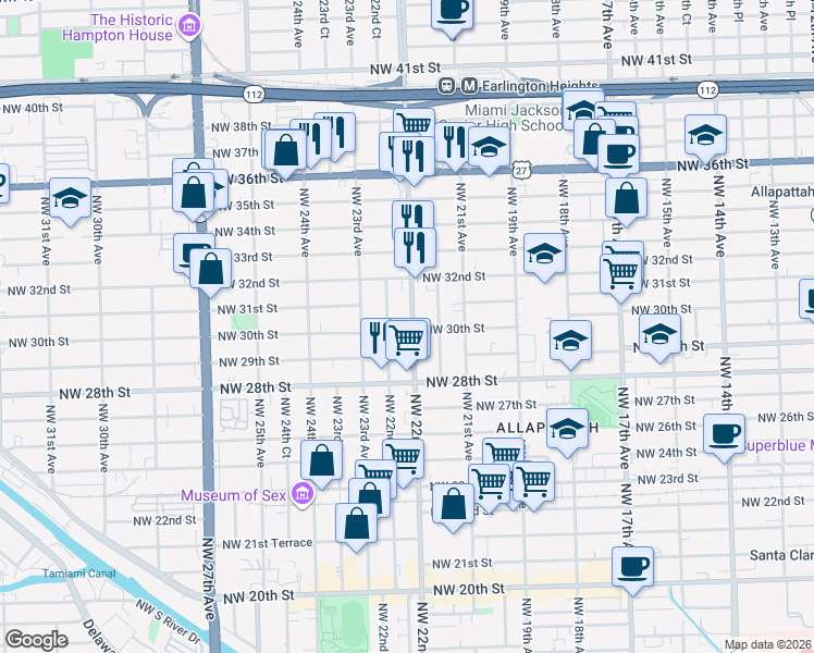 map of restaurants, bars, coffee shops, grocery stores, and more near 3042 Northwest 22nd Avenue in Miami
