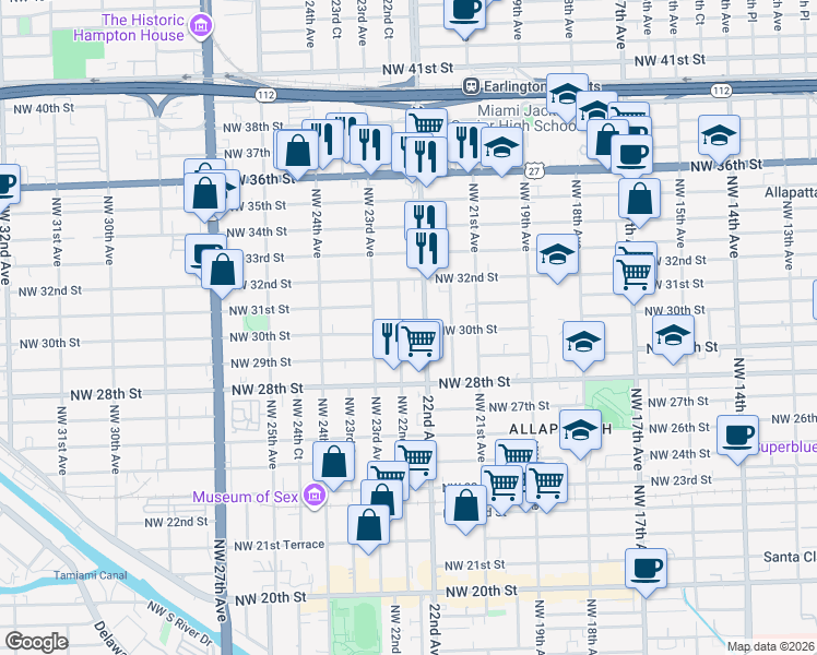 map of restaurants, bars, coffee shops, grocery stores, and more near 3042 Northwest 22nd Avenue in Miami