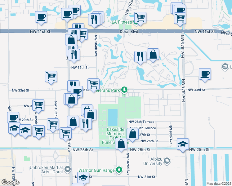 map of restaurants, bars, coffee shops, grocery stores, and more near 3309 Torremolinos Avenue in Doral