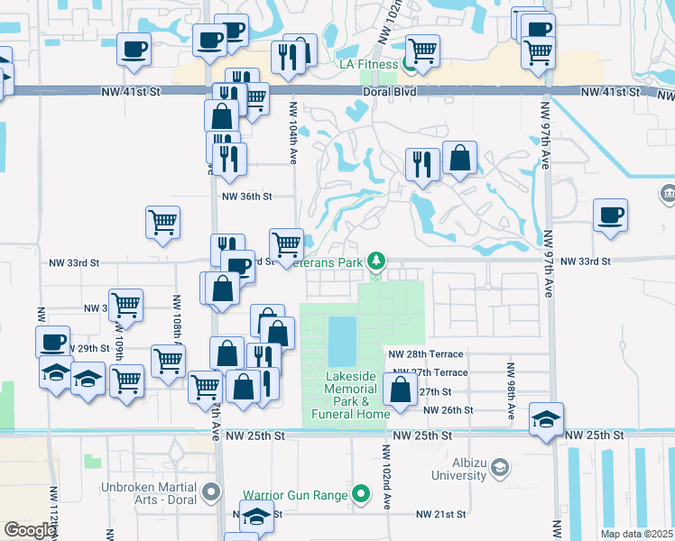 map of restaurants, bars, coffee shops, grocery stores, and more near 3326 Torremolinos Avenue in Doral