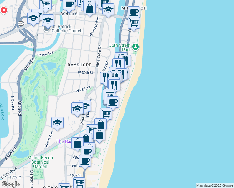 map of restaurants, bars, coffee shops, grocery stores, and more near in Miami Beach