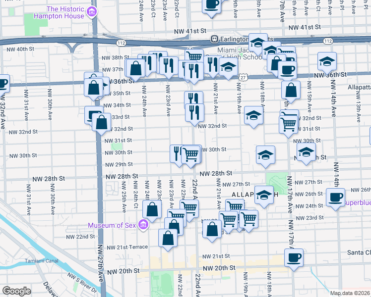 map of restaurants, bars, coffee shops, grocery stores, and more near 3042 Northwest 22nd Avenue in Miami