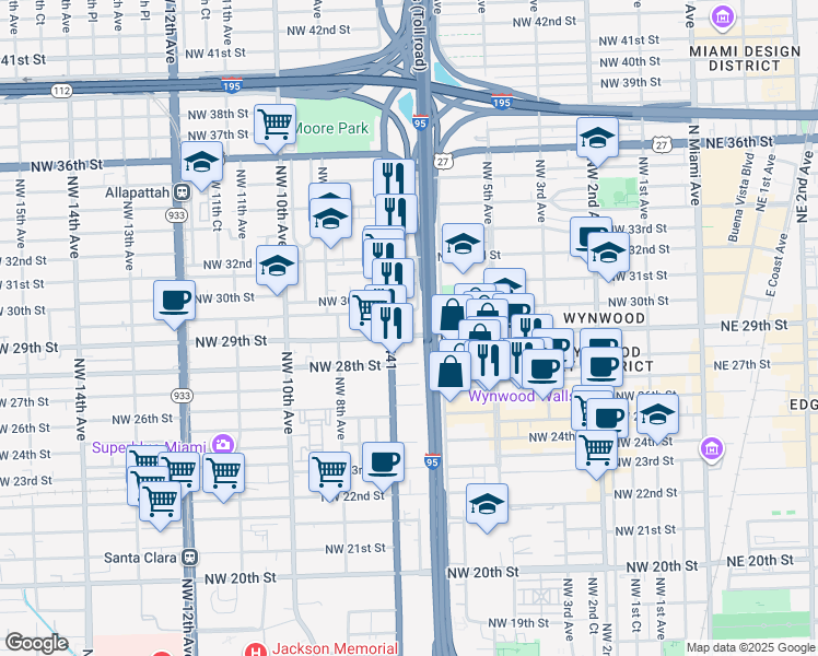 map of restaurants, bars, coffee shops, grocery stores, and more near 644 Northwest 30th Street in Miami