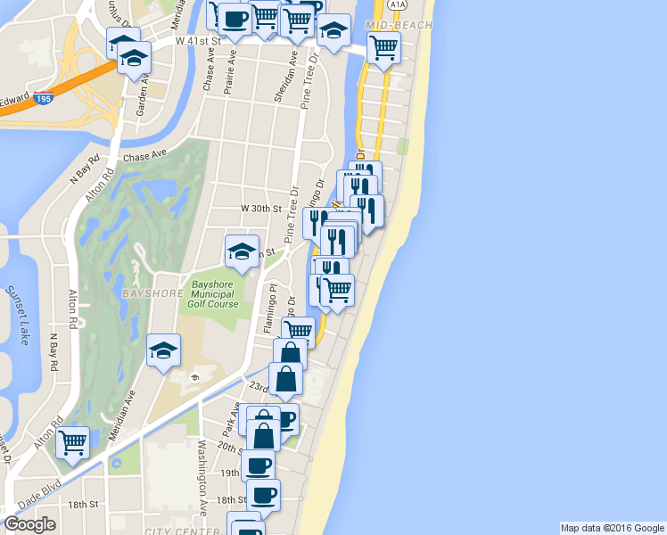 map of restaurants, bars, coffee shops, grocery stores, and more near in Miami Beach