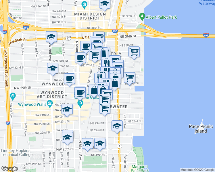 map of restaurants, bars, coffee shops, grocery stores, and more near 2920 Northeast 2nd Court in Miami