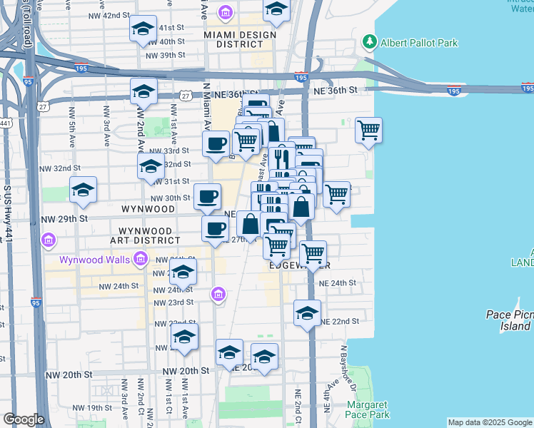 map of restaurants, bars, coffee shops, grocery stores, and more near 2920 Northeast 2nd Court in Miami