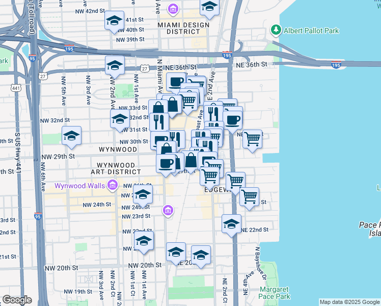 map of restaurants, bars, coffee shops, grocery stores, and more near 2901 Northeast 1st Avenue in Miami