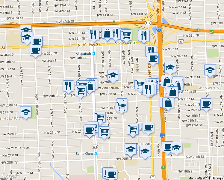 map of restaurants, bars, coffee shops, grocery stores, and more near 1051 Northwest 29th Terrace in Miami
