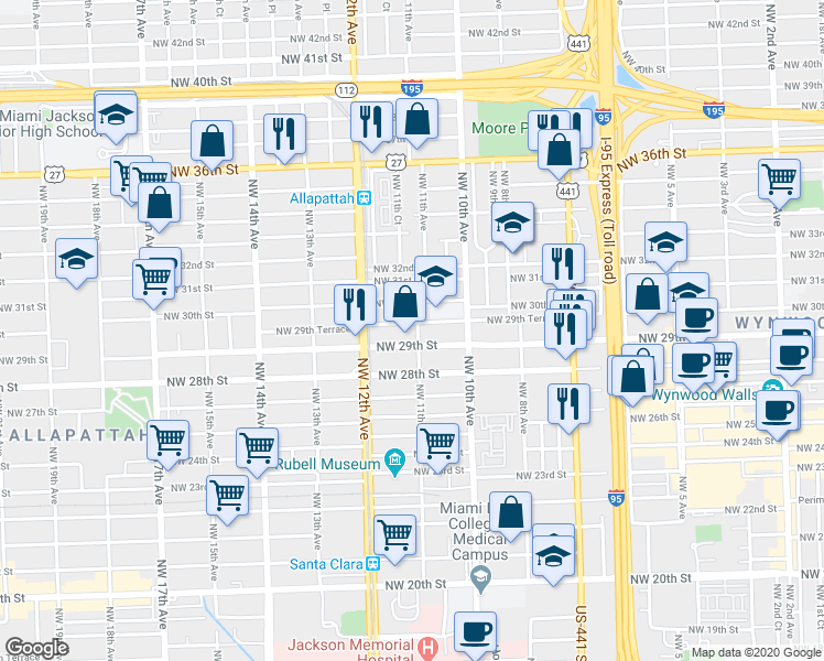map of restaurants, bars, coffee shops, grocery stores, and more near 1131 Northwest 29th Terrace in Miami
