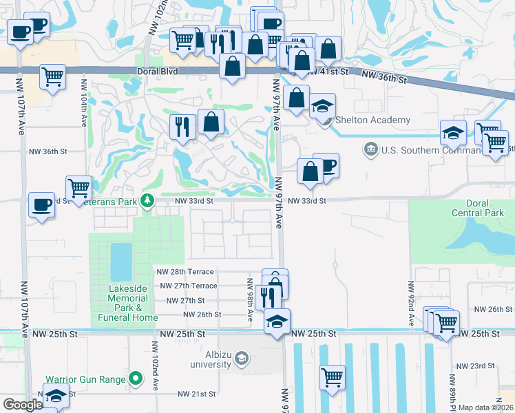 map of restaurants, bars, coffee shops, grocery stores, and more near 9803 Northwest 32nd Street in Doral